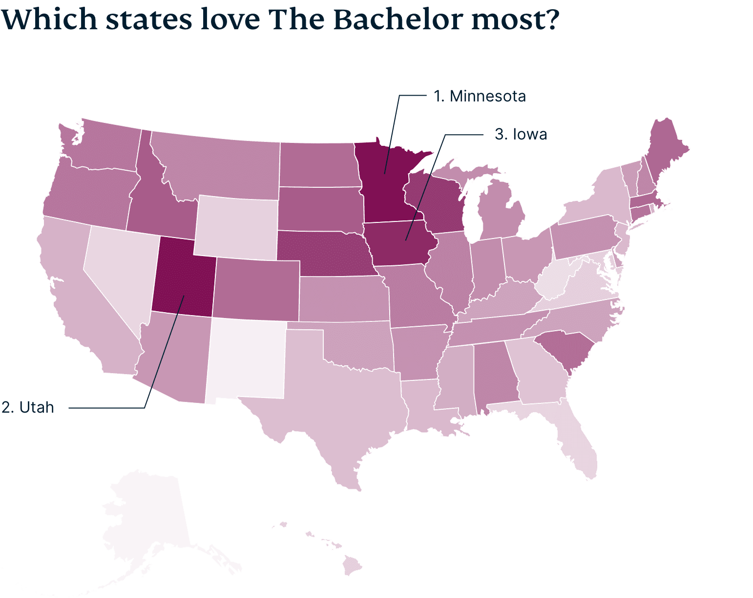 Heat map of U.S. states with most Bachelor fans.
