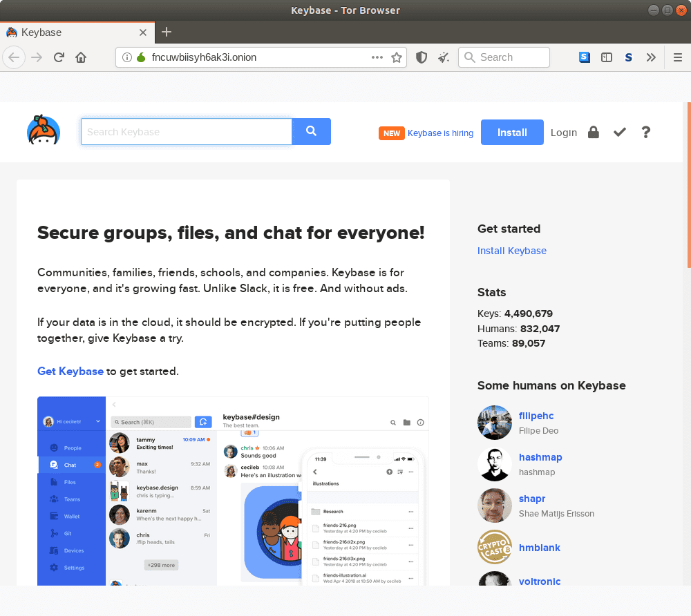 Página inicial onion do Keybase.