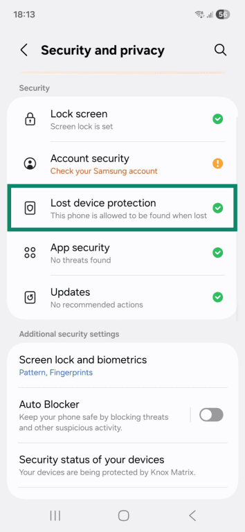 The "Security and privacy" page on an Android phone. The "Lost device protection" option is highlighted.