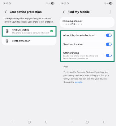 Two Android screenshots side by side showing the "Lost device protection" and "Find My Mobile" pages. The "Find My Mobile," "Allow this phone to be found," "Send last location", and "Offline finding" options are highlighted.