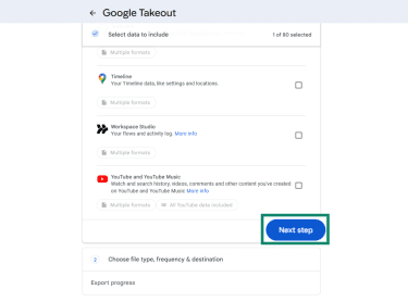 Mail content options in Google Takeout.