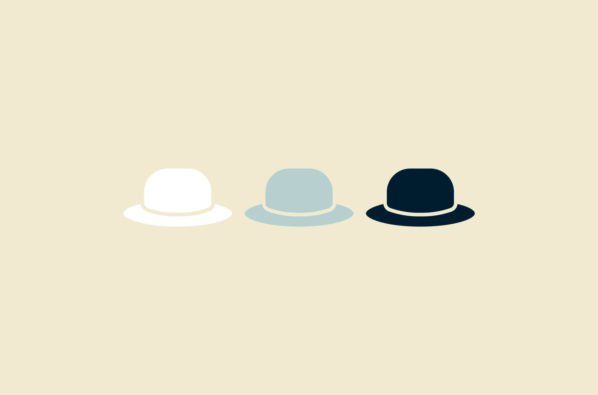From left to right: a white hat, a gray hat, and a black hat.