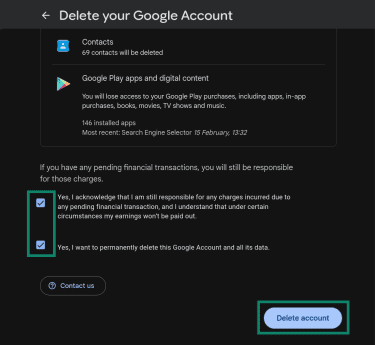 Confirming Google account deletion.