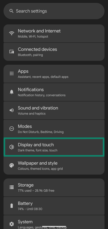 Accessing the Display and touch settings through a Pixel's settings menu