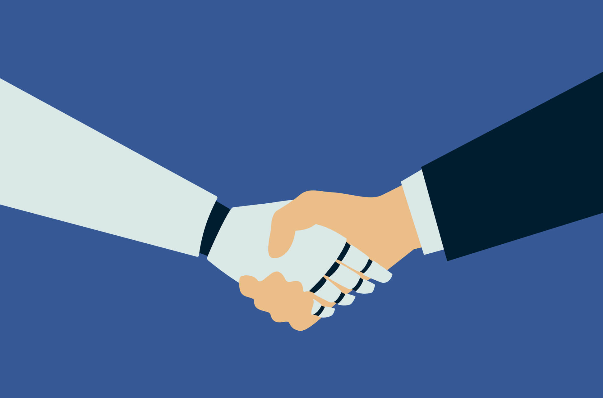 A human and robot shaking hands.