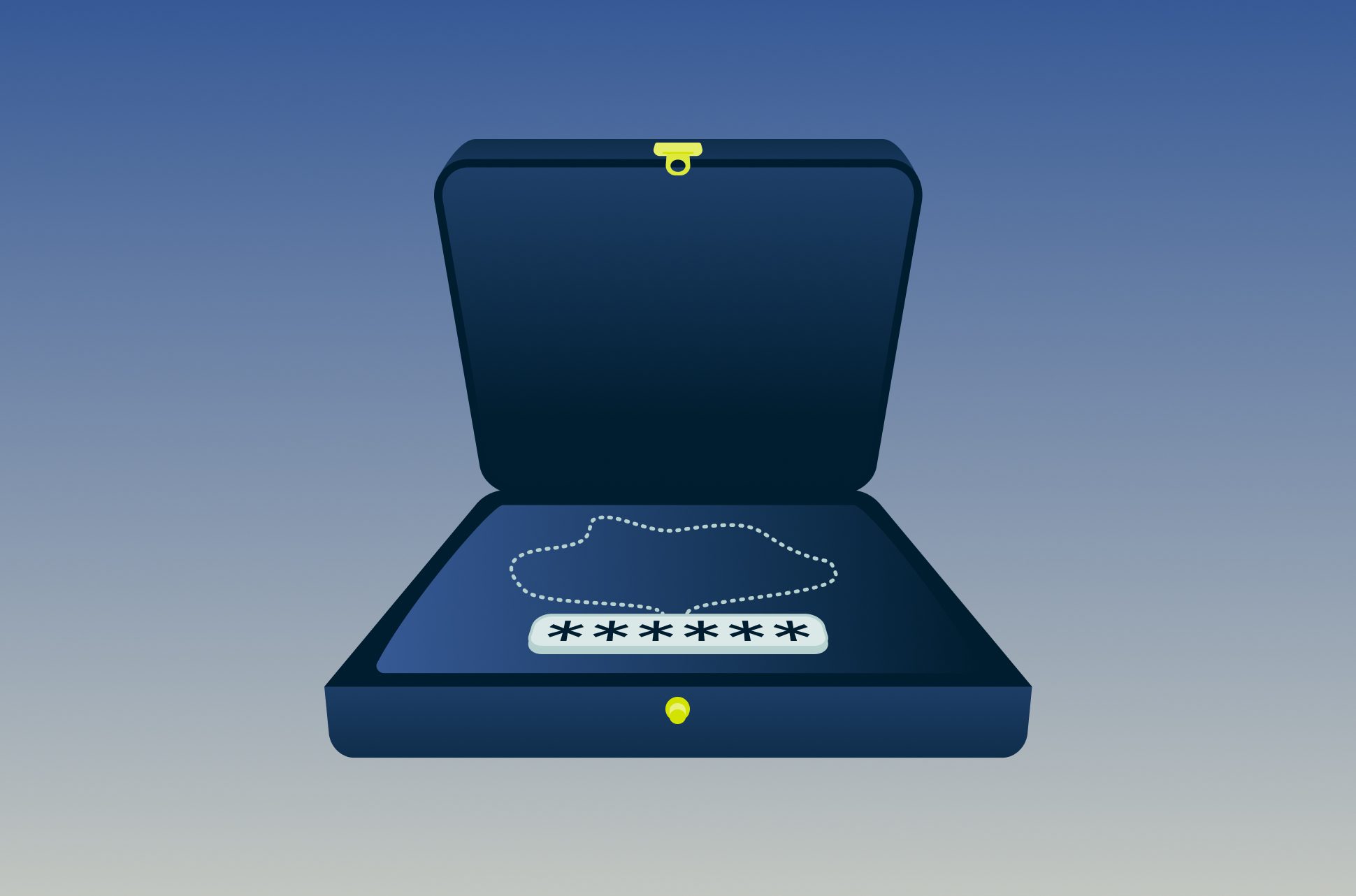 Jewelry box with a password on a necklace.