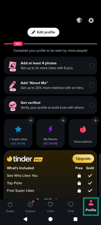 The Tinder account menu on Android, outlining the Profile icon in the bottom right.