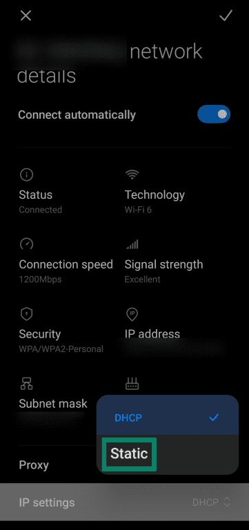 Choosing static IP address configuration on Android.