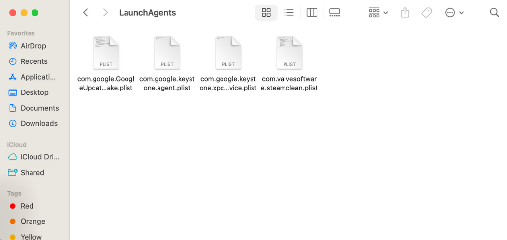 Mac LaunchAgents folder showing plist files.