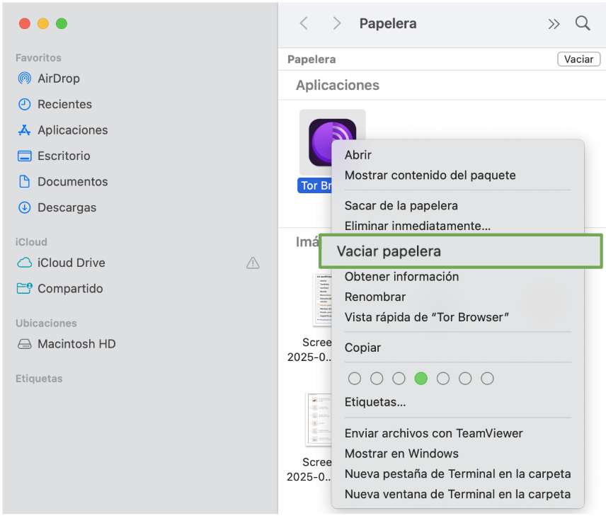 Menú del clic derecho que muestra.