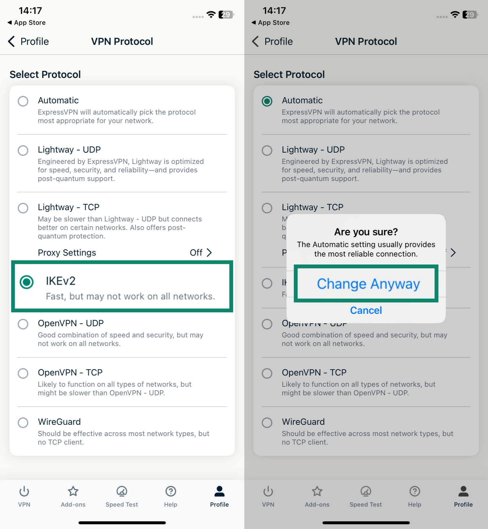 The VPN Protocol screen of the ExpressVPN iOS app, with IKEv2 protocol highlighted (left) and the Are you sure pop-up with the Change Anyway button highlighted (right)