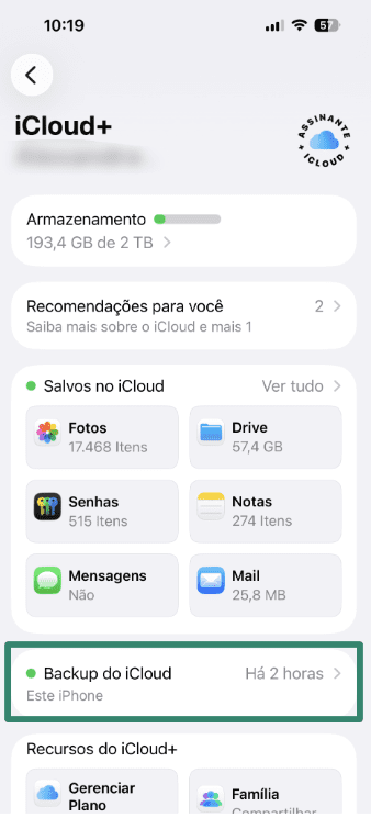 The iCloud Backup button on an iPhone.