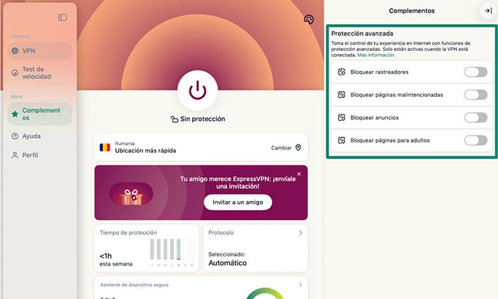 ExpressVPN macOS app with the Advanced Protection options highlighted in the Add-ons section.