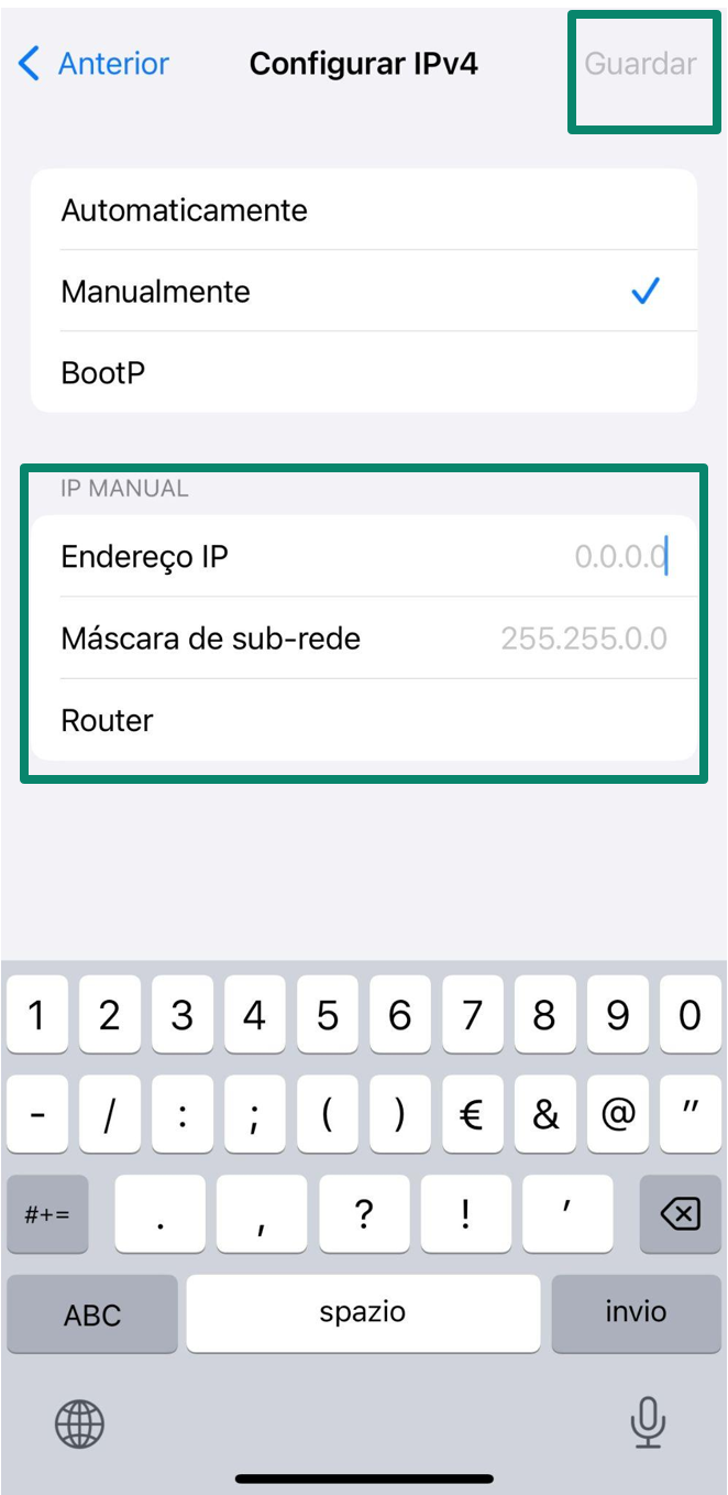 Manual IPv4 setup on iPhone showing IP, subnet, and router
