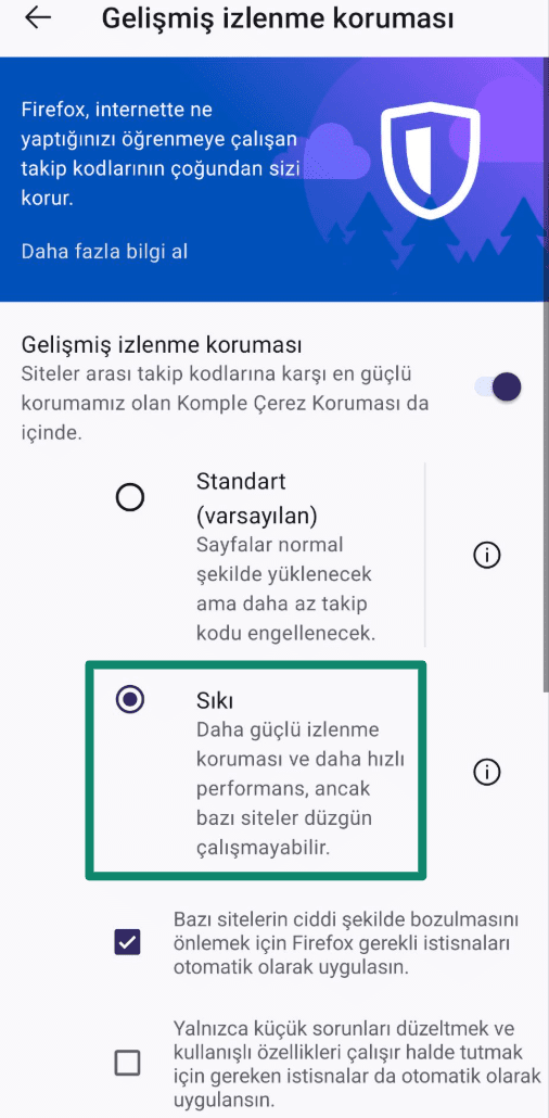 Enhanced Tracking Protection settings in Firefox set to Strict.