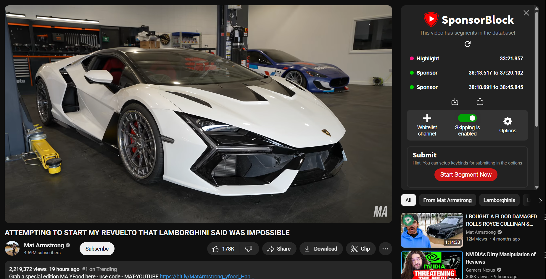 The SponsorBlock extension in action, showing how it identifies sponsor segments of YouTube videos and can skip them for you automatically.