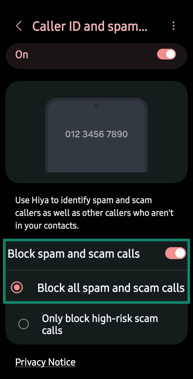Android settings to “Block all spam and scam calls” is selected.