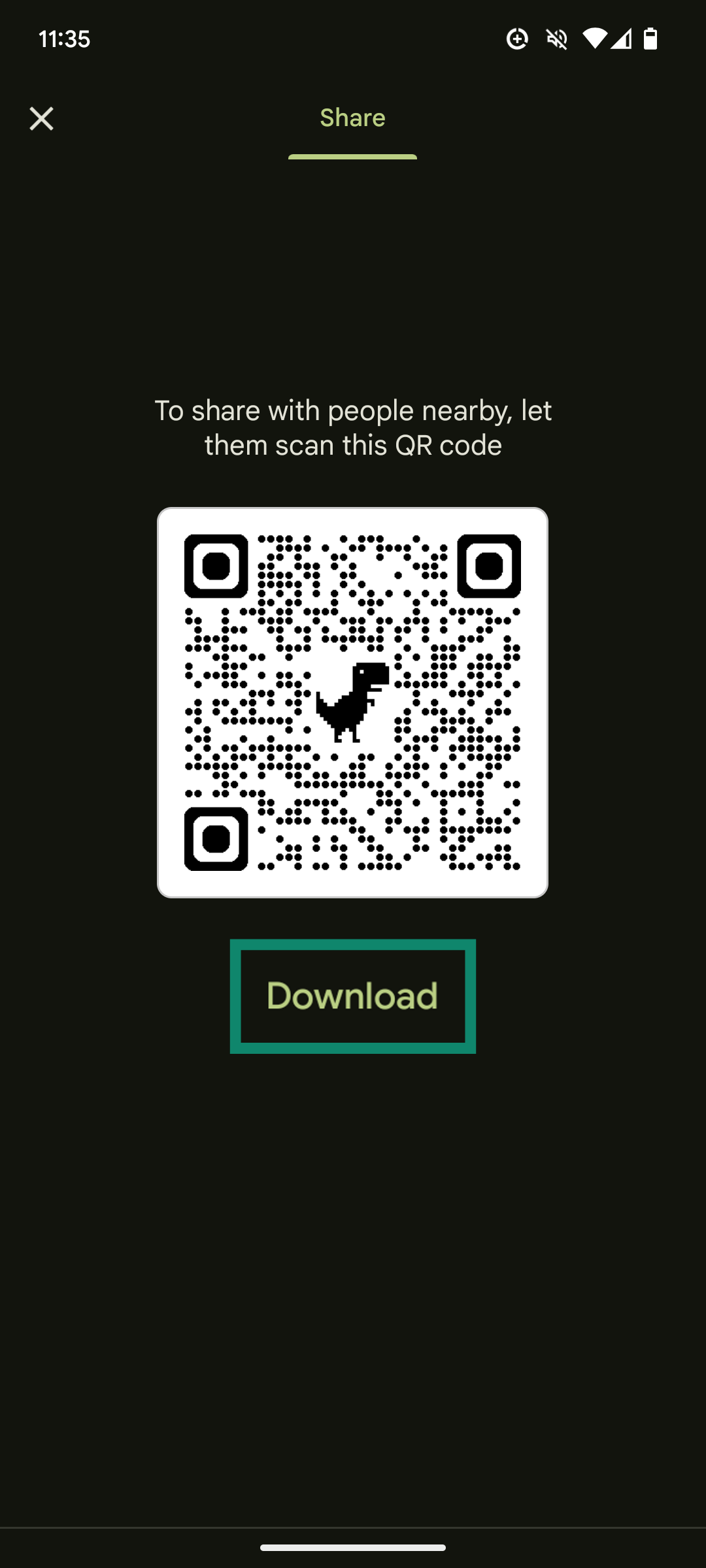 An Android smartphone screenshot, showing a QR code generated using the Chrome mobile app, with the Download button highlighted.