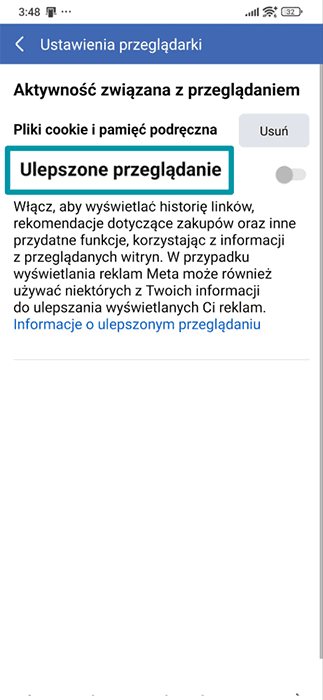 Facebook mobile app Browser settings with the Enhanced browsing toggle highlighted.