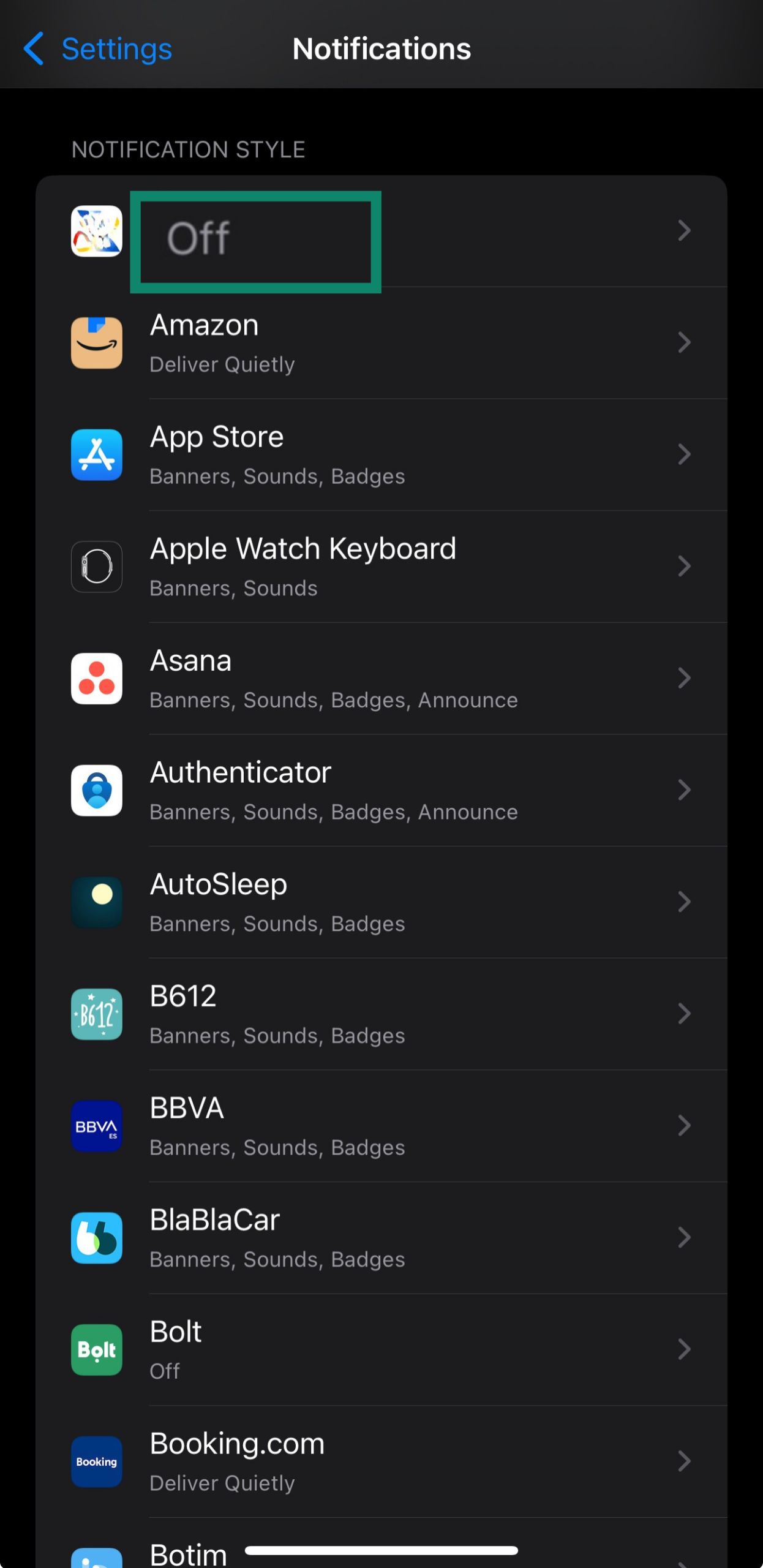 Turning a notification off in iOS through your settings.