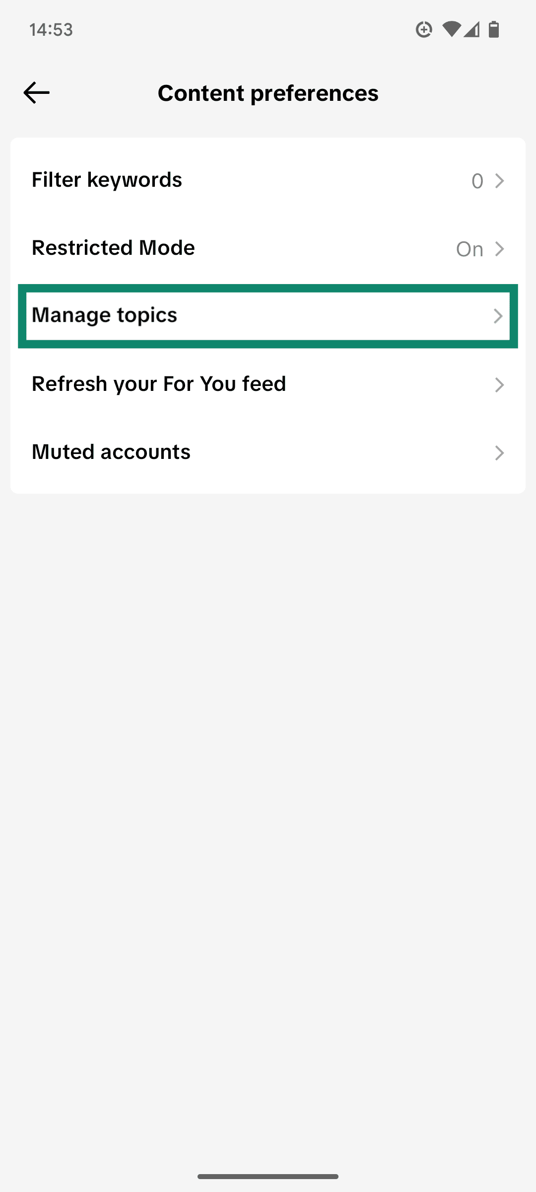 The Content Preferences menu of the TikTok app, showing the Manage topics option.