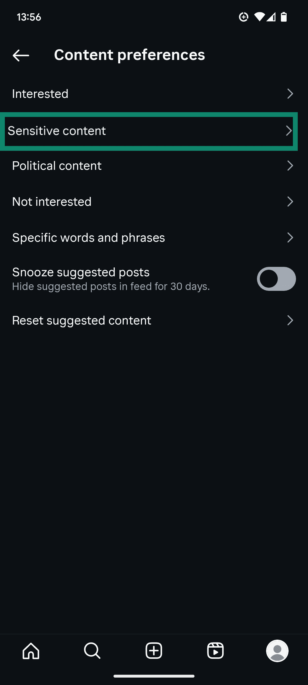 The Content preferences menu of the Instagram app, showing the Sensitive content option.