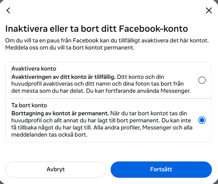 Deactivating or deleting your Facebook account selection screen.