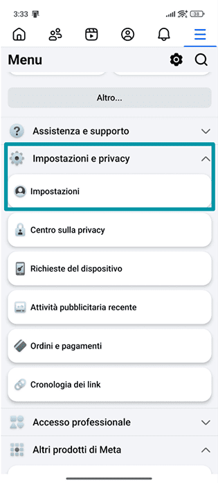 Facebook Android app Menu with Settings & privacy and Settings highlighted.