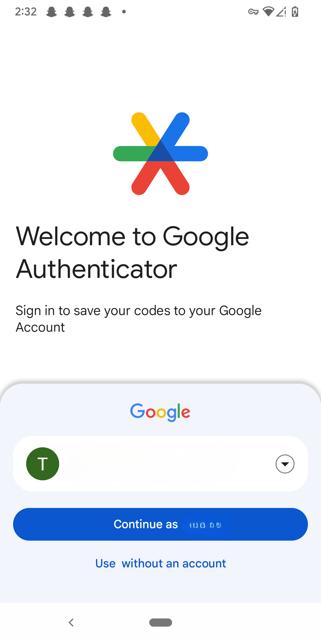 Signing into your Google account using Authenticator.