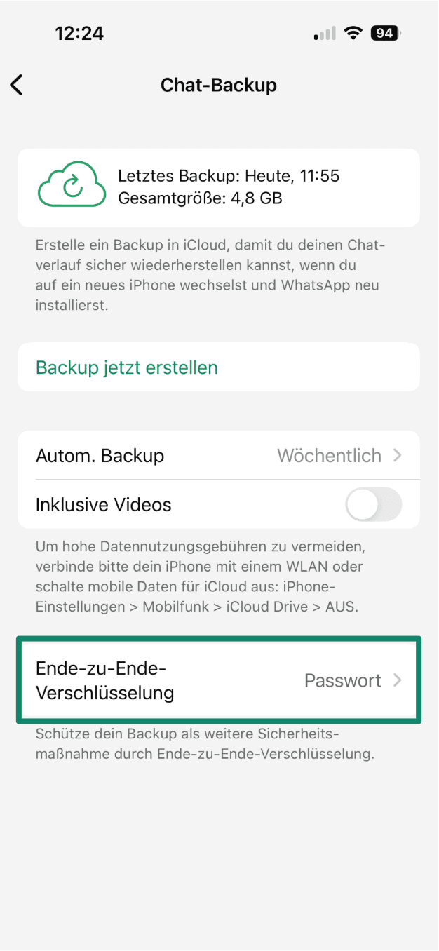 Chat backup in progress on iPhone with End-to-end encrypted backup set to On
