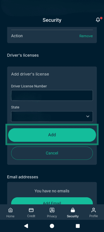 The Identity Defender field for adding information to be monitored, highlighting the Add button.