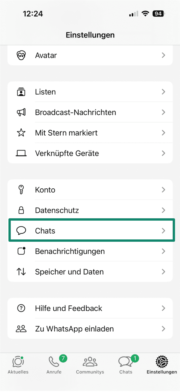 WhatsApp Settings menu on iPhone with Chats option highlighted