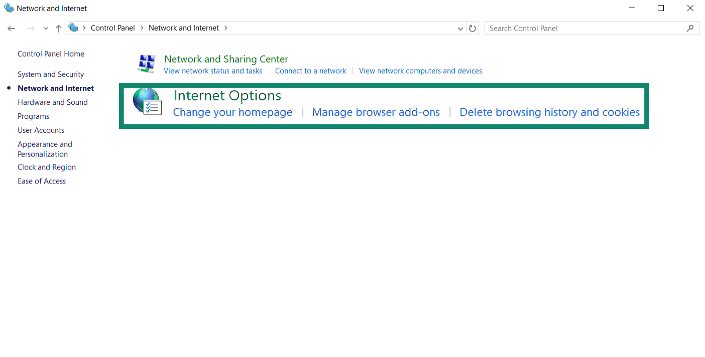 The Control Panel, opened to Network and Internet with Internet Options highlighted.