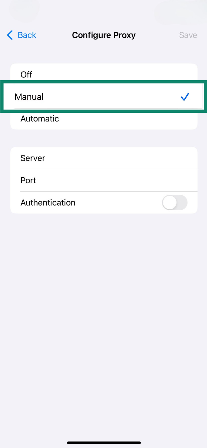 The iPhone Configure Proxy menu with the Manual setting highlighted.