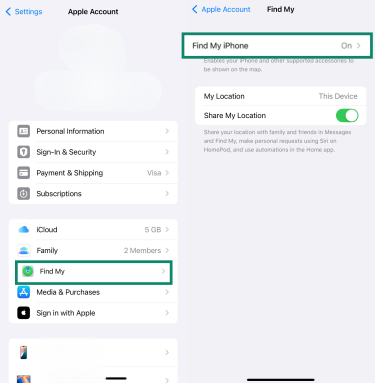 iPhone Settings showing Find My iPhone enabled.