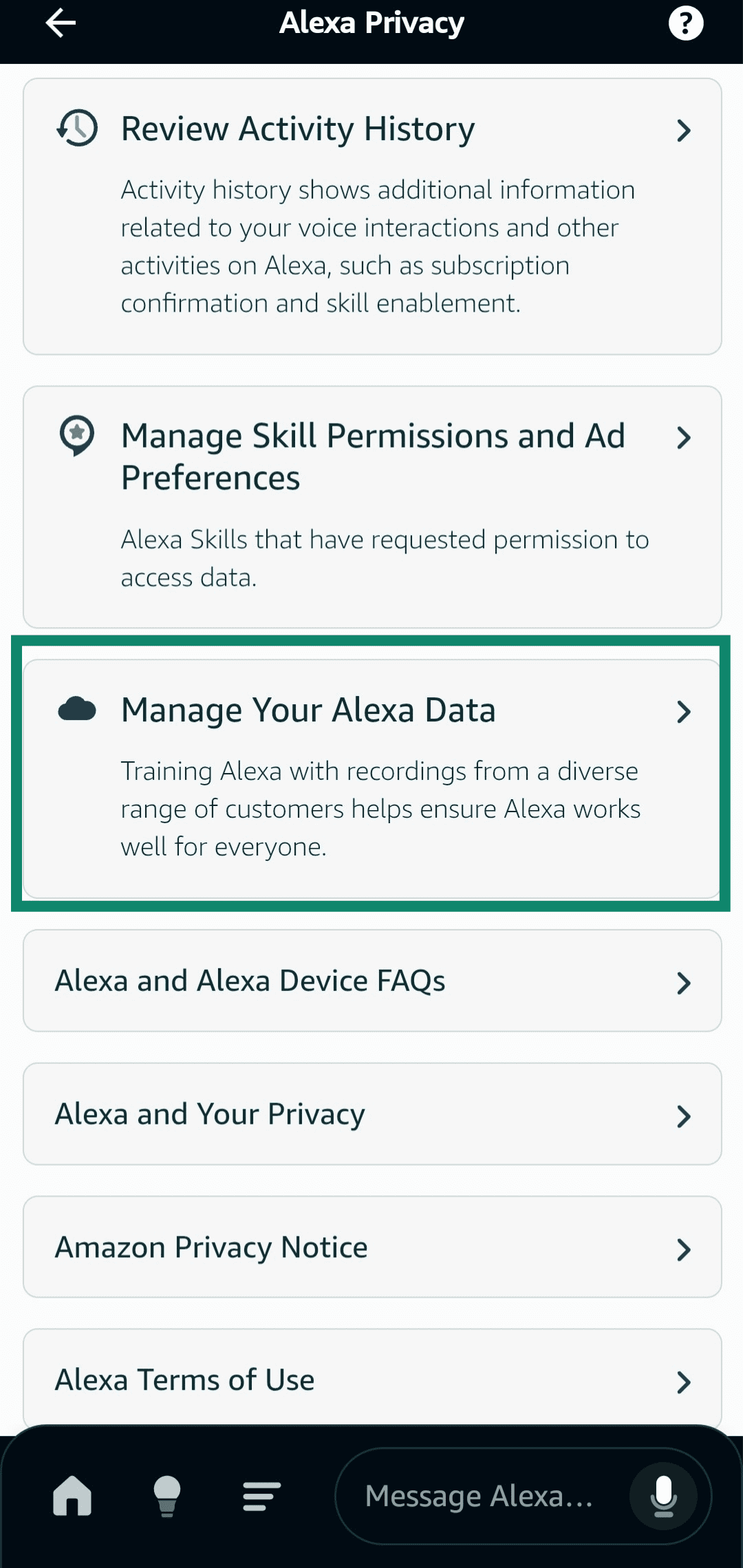 Accessing the Manage Your Alexa Data menu in the Amazon Alexa app.