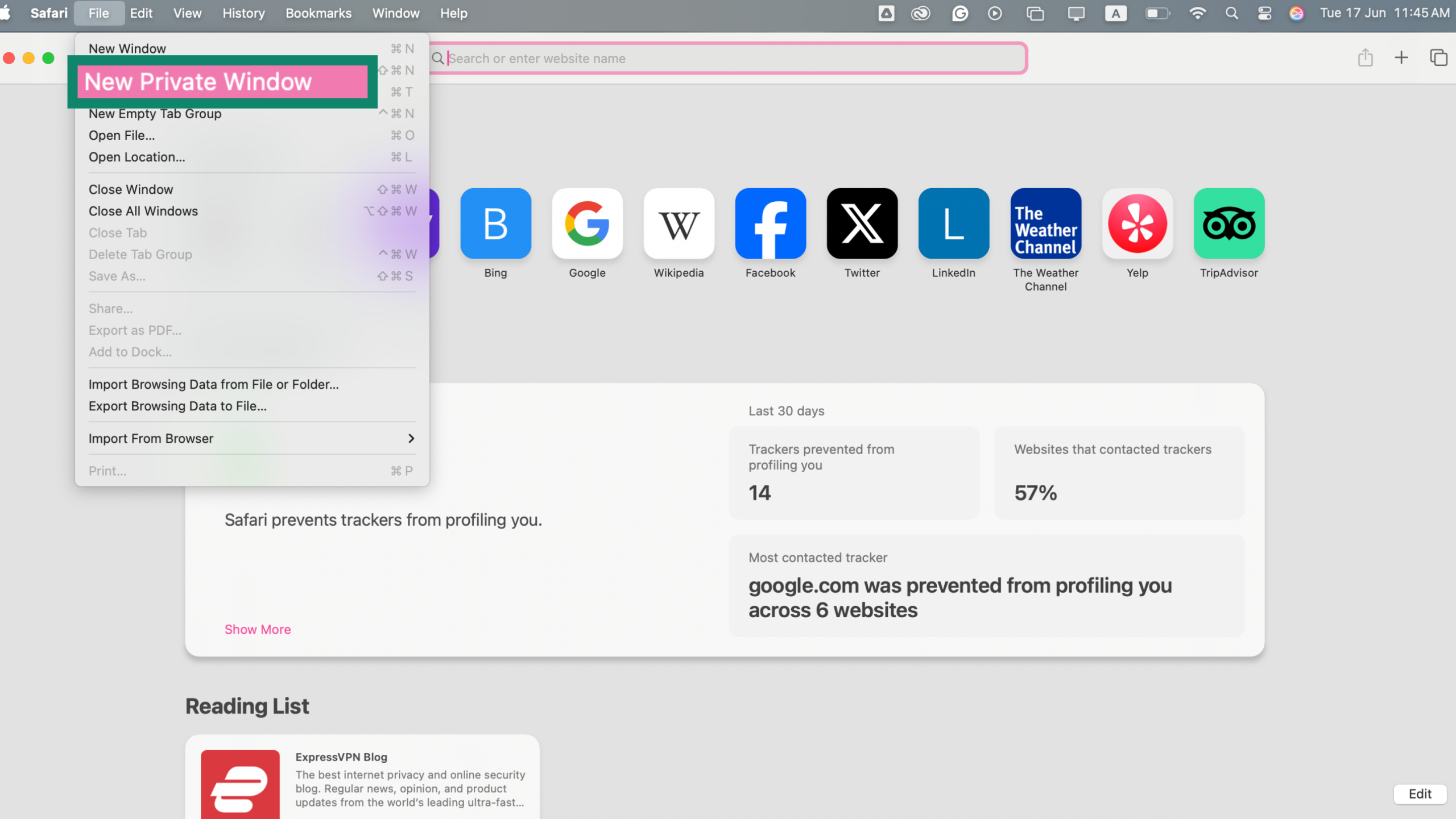Safari desktop showing File menu with new private window option highlighted