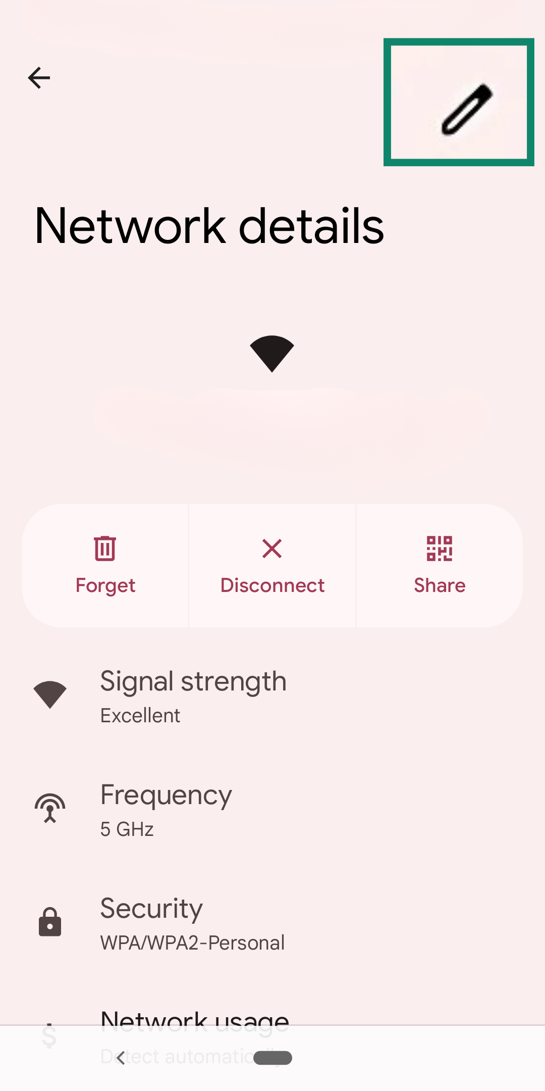 Android's Network details menu, with the Edit icon highlighted.