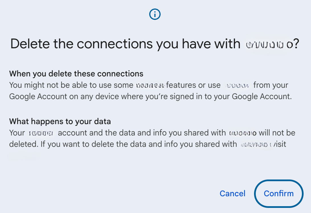 Confirming removal of access from a third-party app in Google's settings.