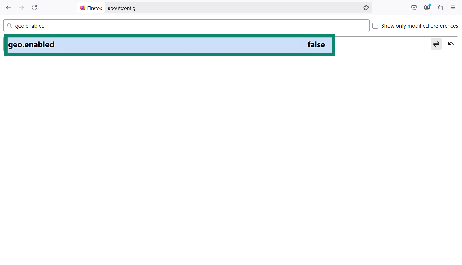 The Firefox about:config menu with Geo.enabled highlighted.