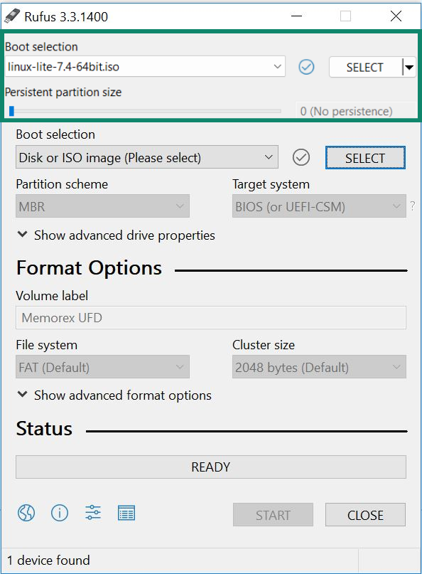 Rufus interface showing USB drive selection