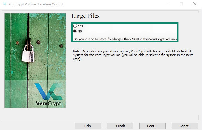 VeraCrypt Volume Creation Wizard Large Files screen with the two options highlighted.