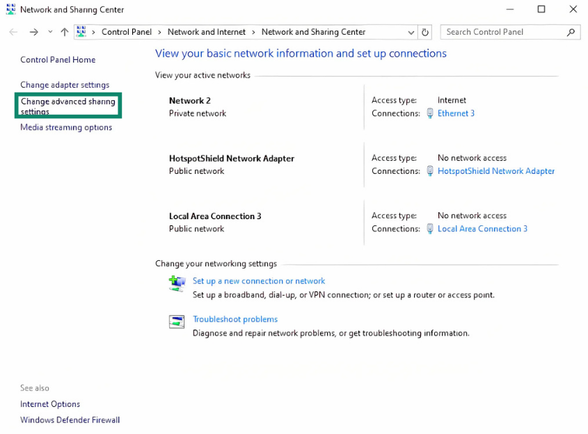 Windows Settings screen showing advanced network sharing settings.