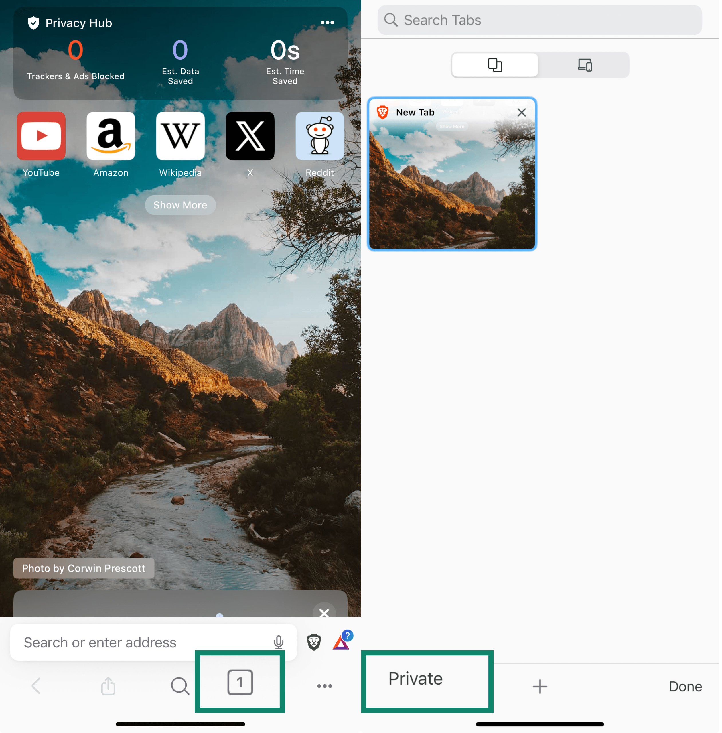 Two side-by-side screenshots of the Brave browser on iPhone. The left screenshot highlights the tab icon in the bottom-right corner. The right screenshot shows the tab switcher with