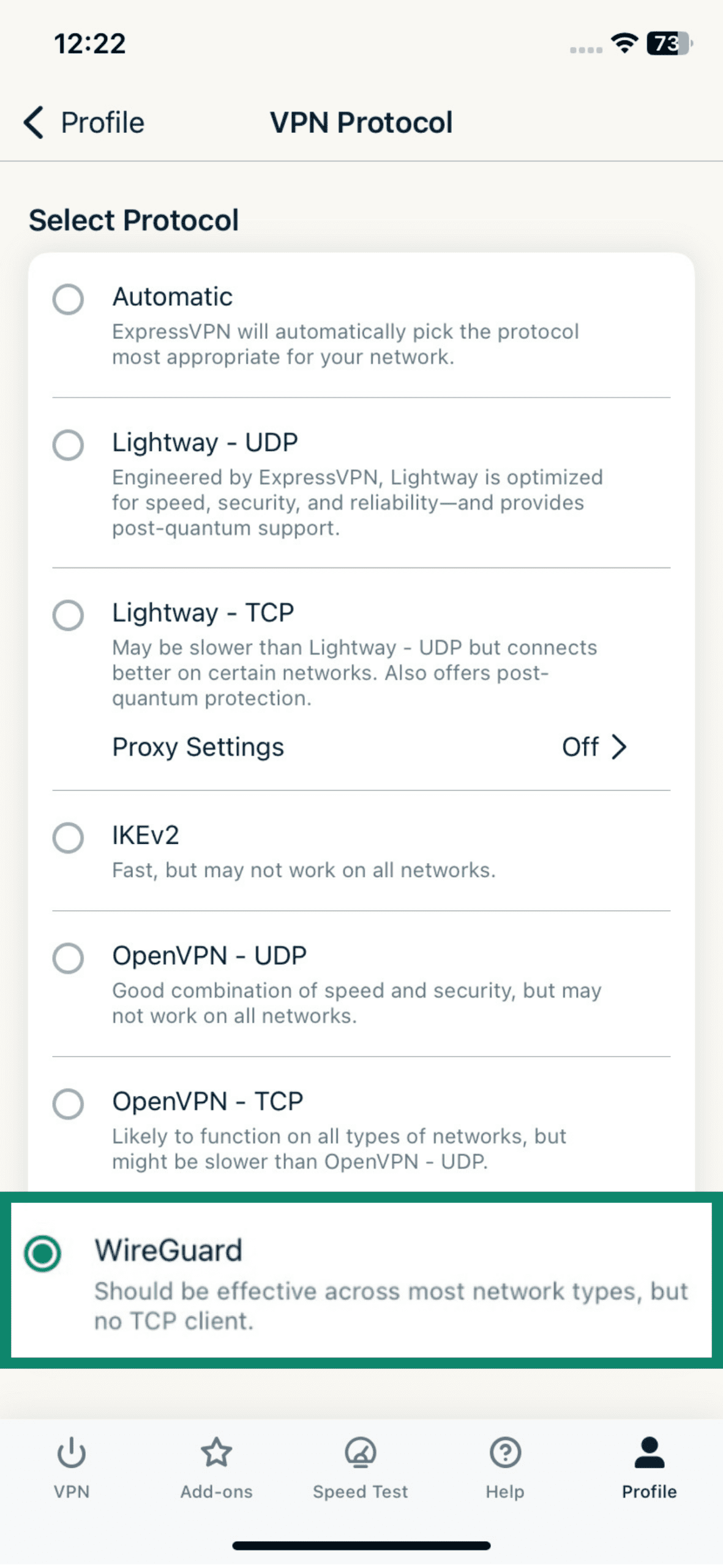 Screenshot of the ExpressVPN app with the “VPN protocol” tab open and “WireGuard” option highlighted