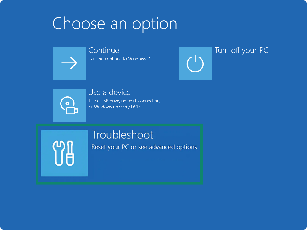 Screenshot showing the Recovery Menu on a Windows system after reboot, with Troubleshoot to be selected.