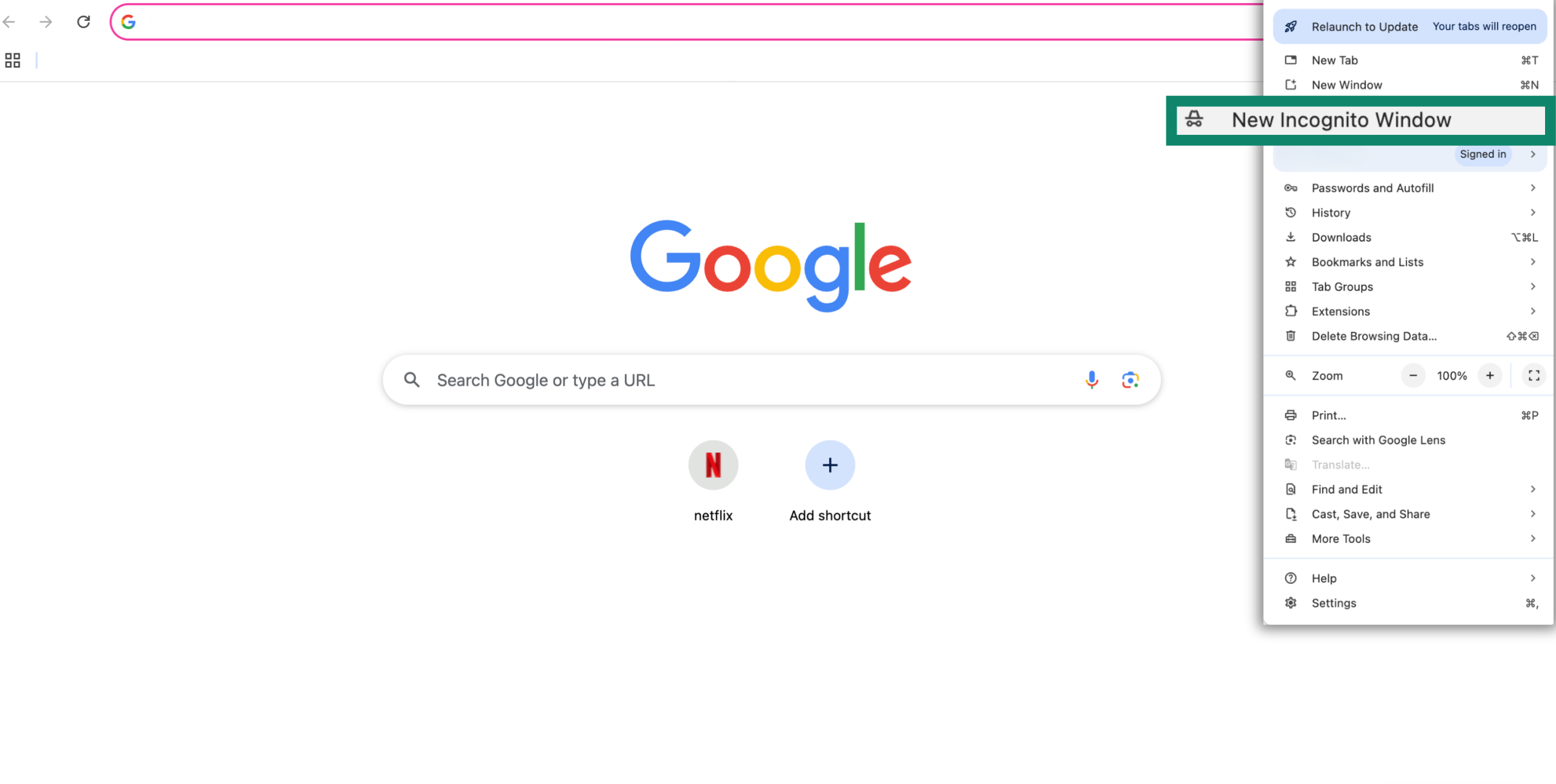 Google Chrome menu with new incognito window option highlighted