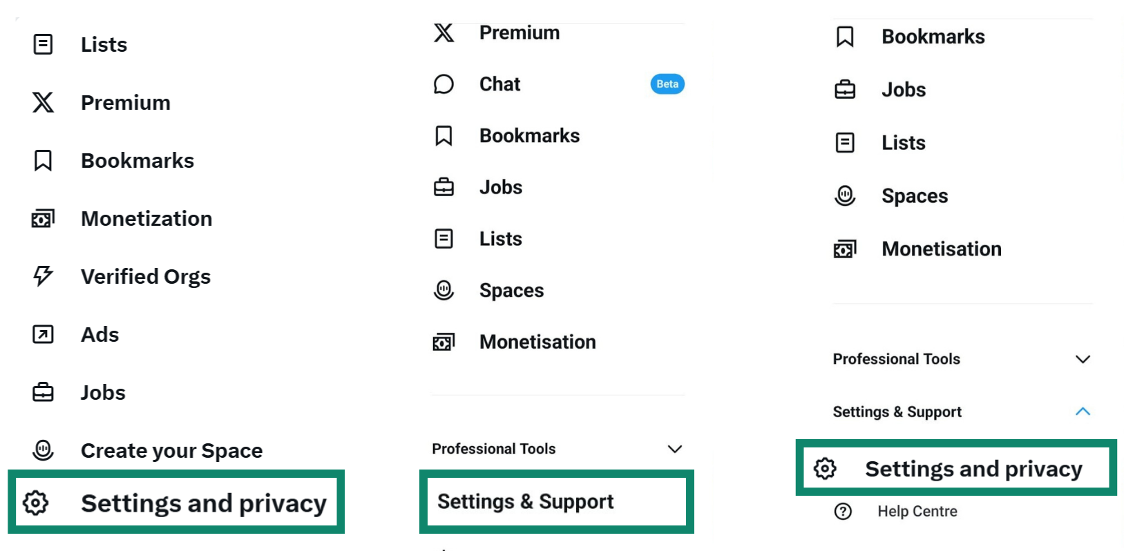 Three side-by-side screenshots showing how to navigate to X’s settings. The first image shows the desktop menu where ‘Settings and privacy’ is a direct option. The other two images show the mobile process of tapping ‘Settings & Support’, then selecting ‘Settings and privacy’ from the sub-menu.