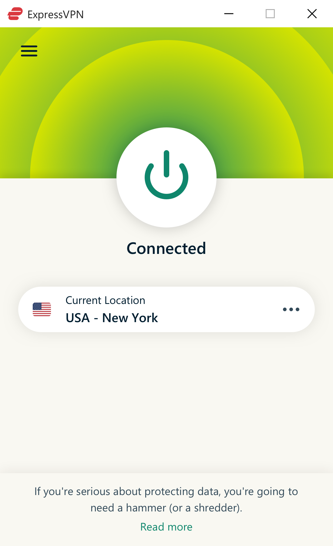 ExpressVPN interface showing connected server.