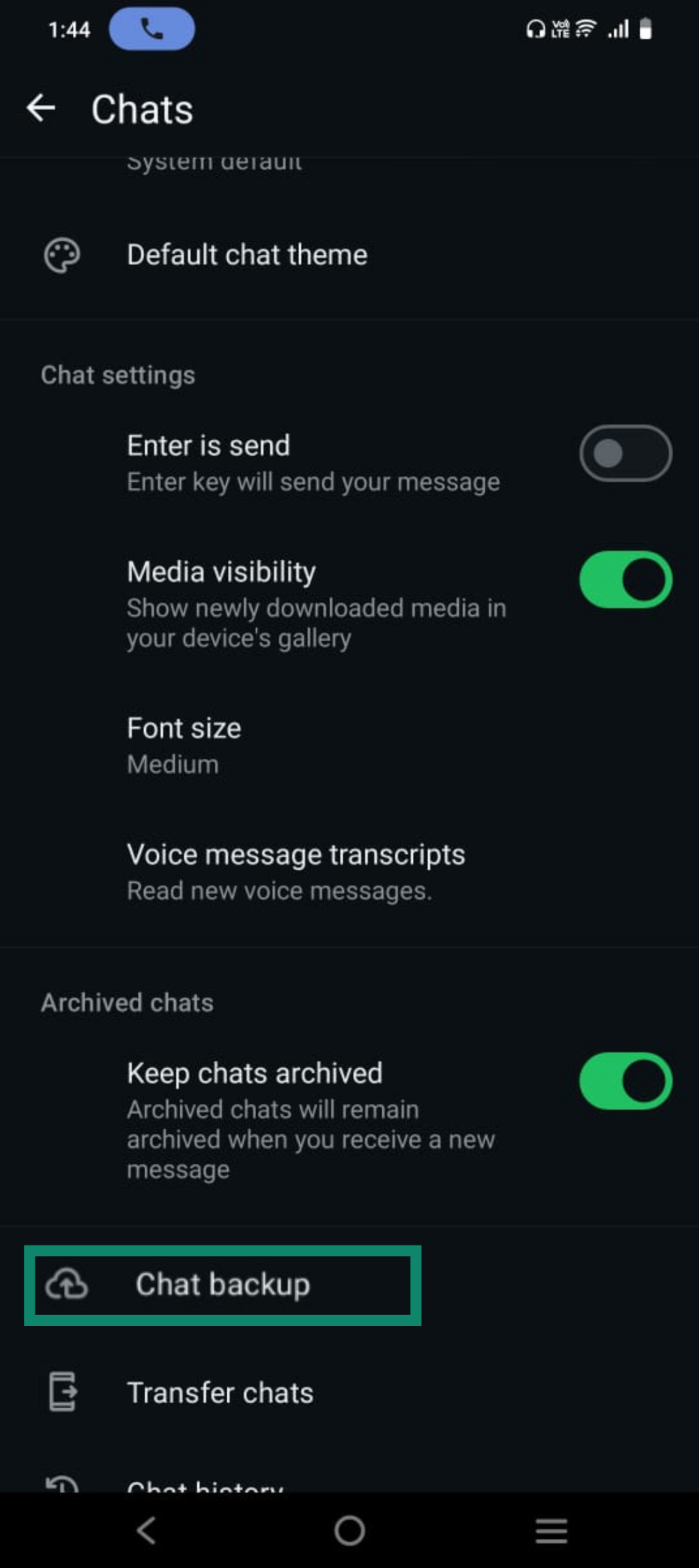 WhatsApp Chats settings screen with Chat backup option highlighted